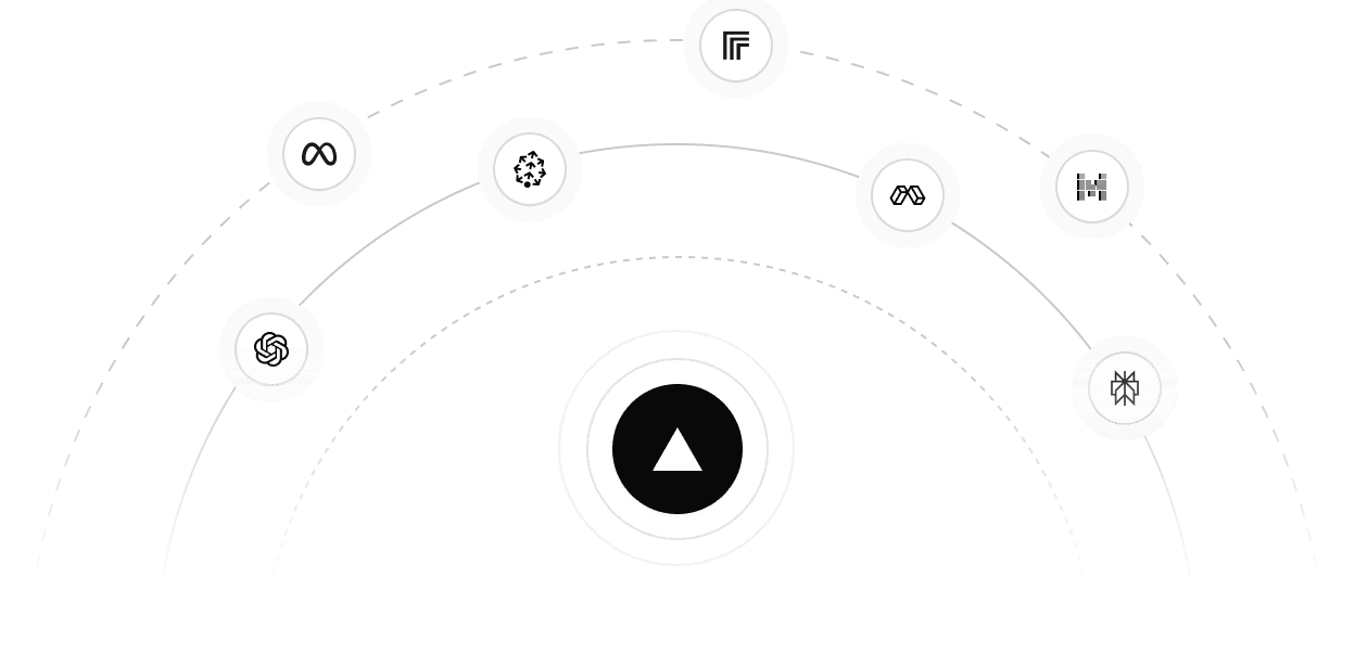 3 sequentially growing orbit rings with icons of various AI vendors on each ring. The Vercel logo is centered on the inner most ring, emphasising the Vercel AI Marketplace.