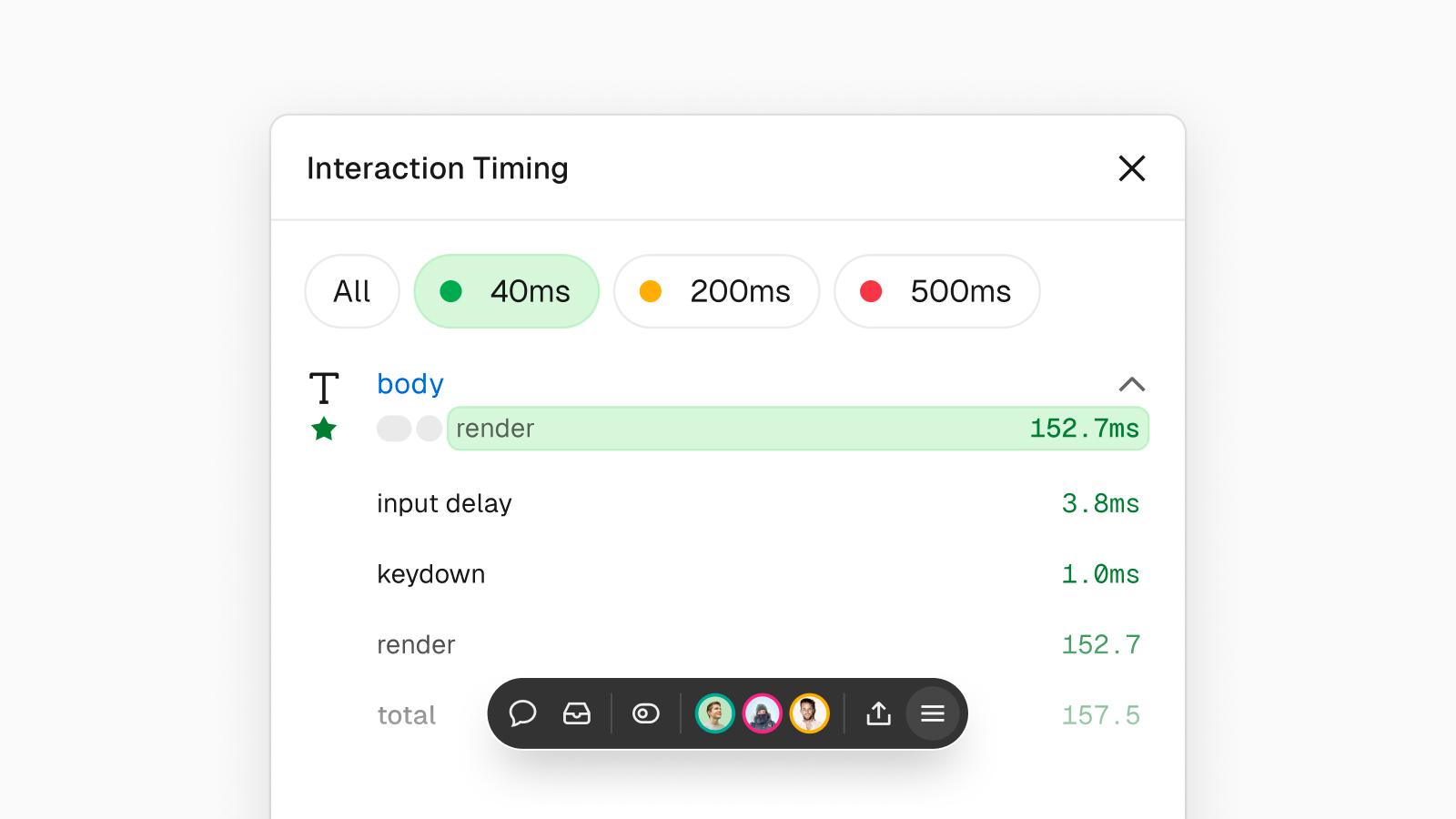 The interaction timing tool allows you to see and optimize your website's responsiveness.