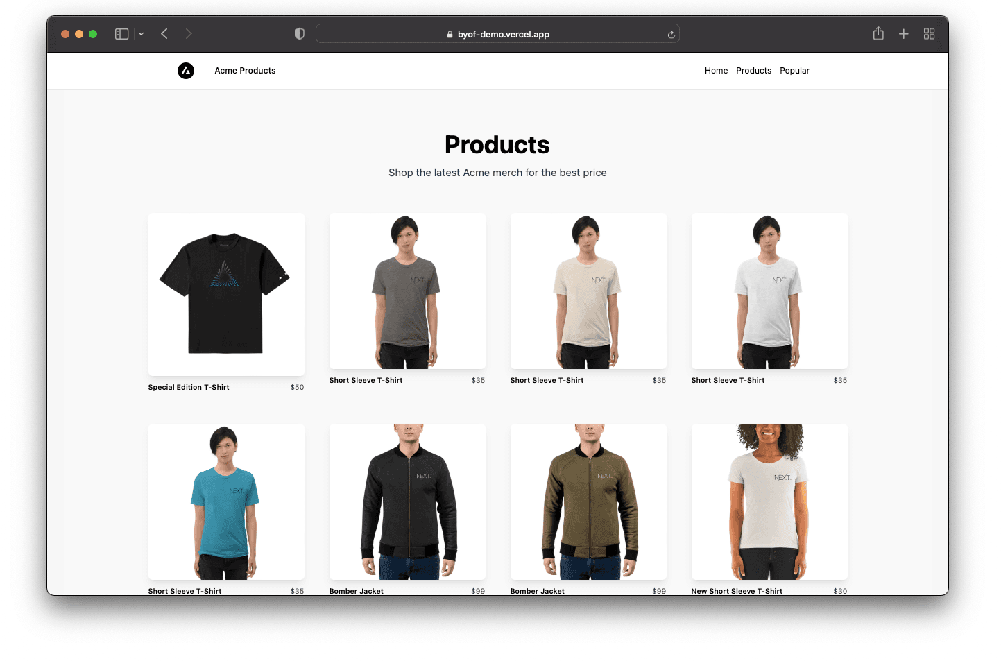 Demo website's product page