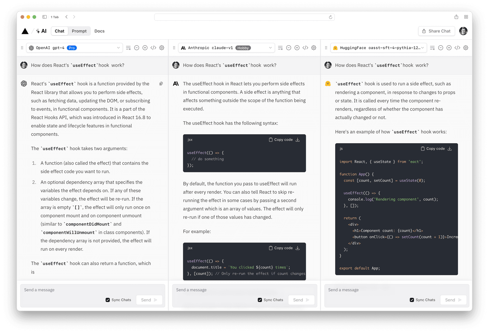 Comparing the results from OpenAI GPT-4, Anthropic Claude, and Hugging Face through the Vercel AI SDK Playground and chat interface.