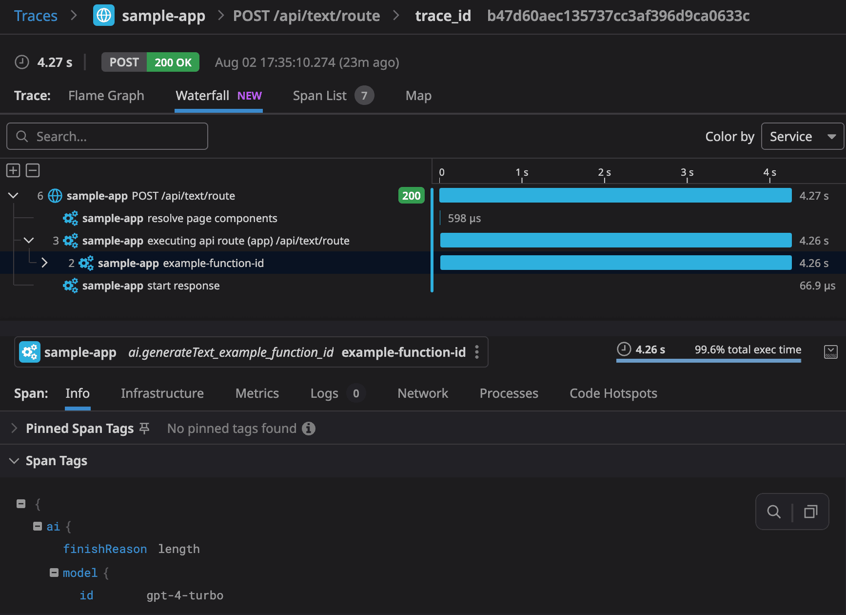 Trace visualization with Datadog and the Vercel AI SDK