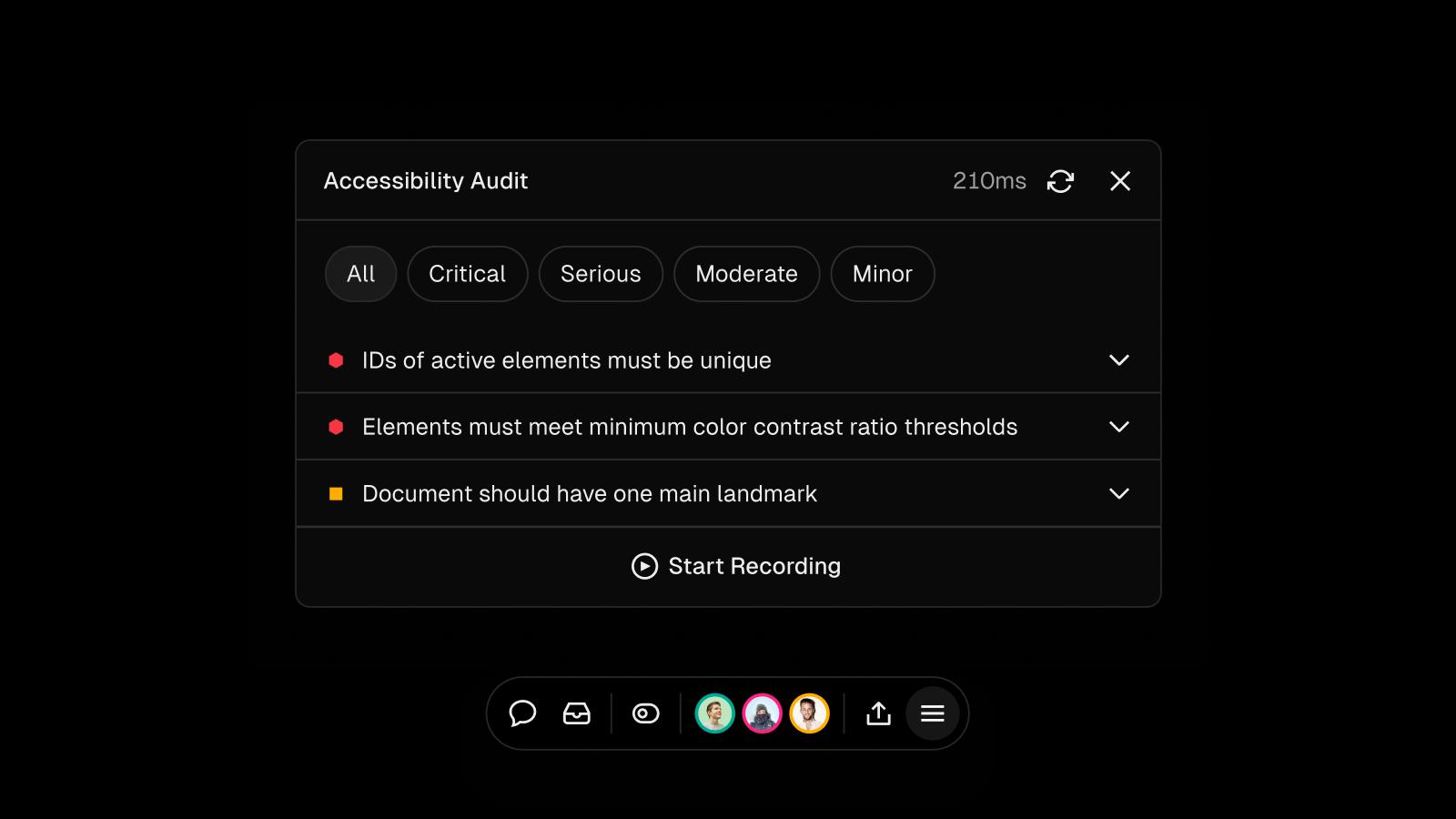 The accessibility audit tool is available on any page of your website and groups issues by impact.