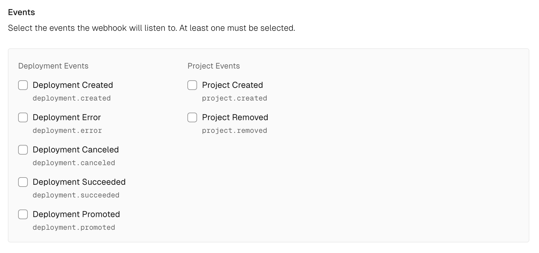 Select events for your webhooks to listen.
