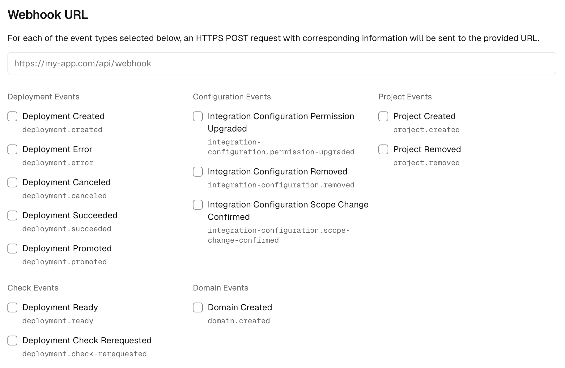 Specifying the webhook URL and events to listen to.