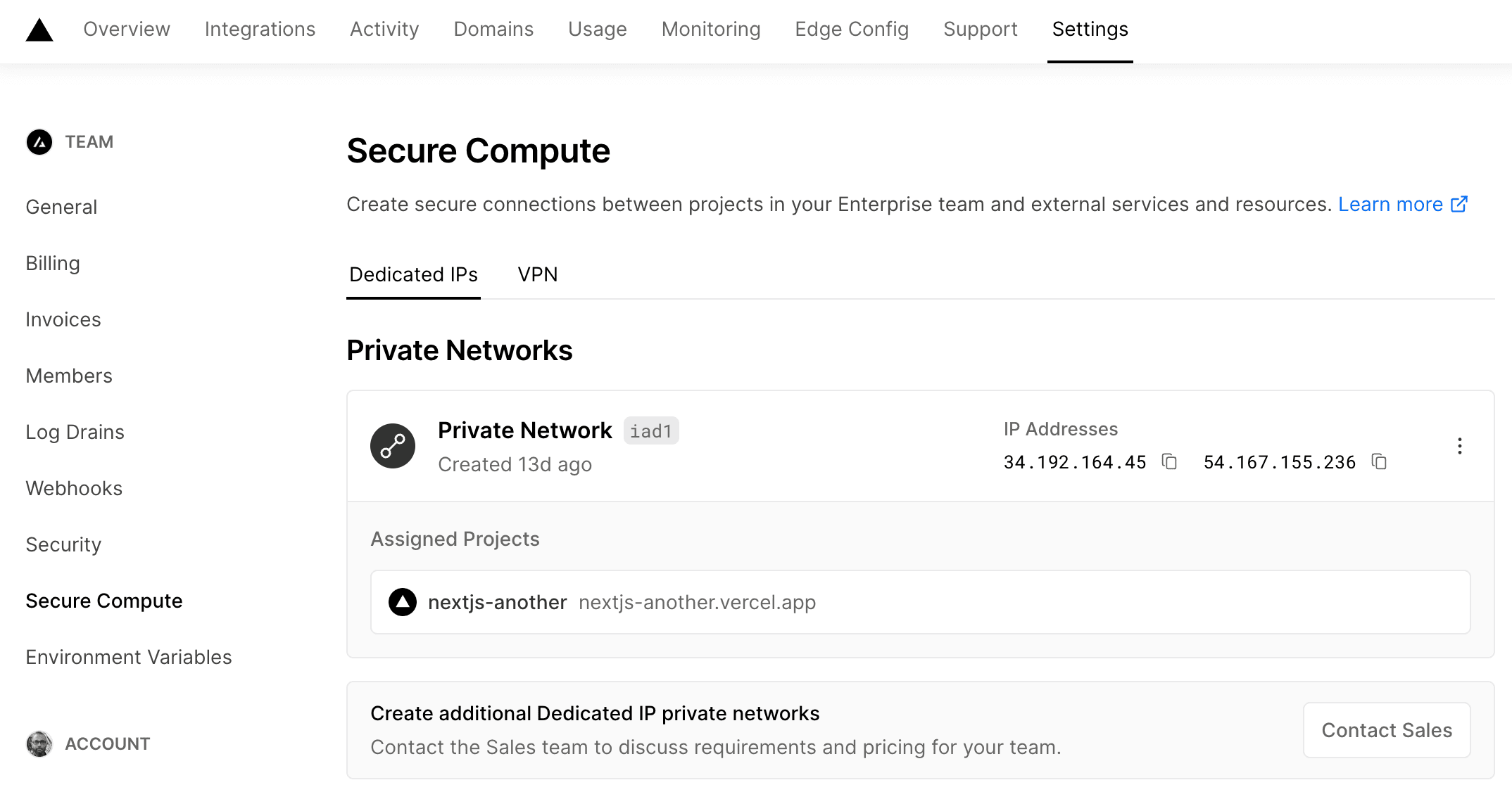 Secure Compute Section in the Team Settings.