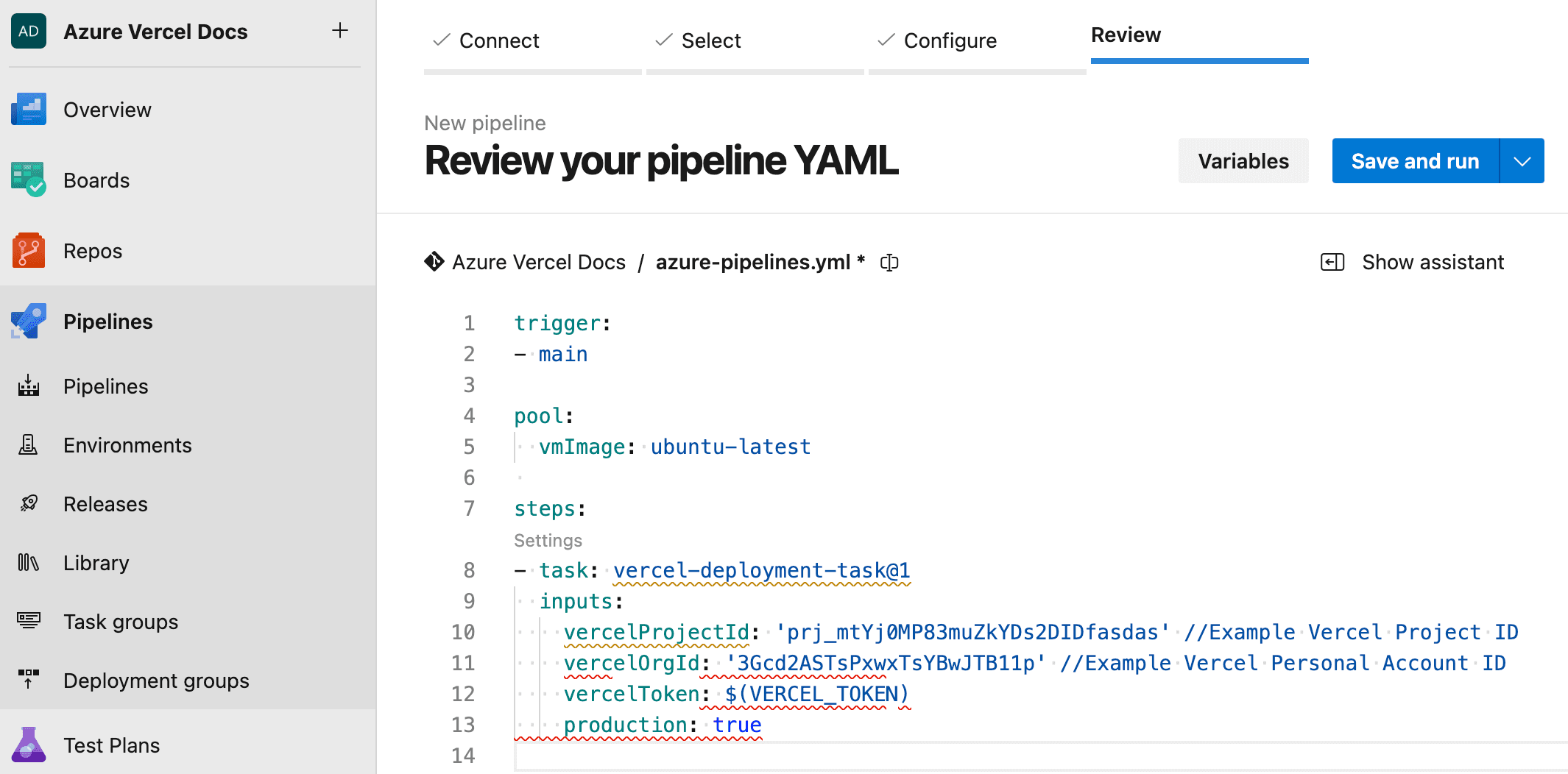 Azure DevOps Pipeline creation at the review stage to create variables and save/edit your pipeline