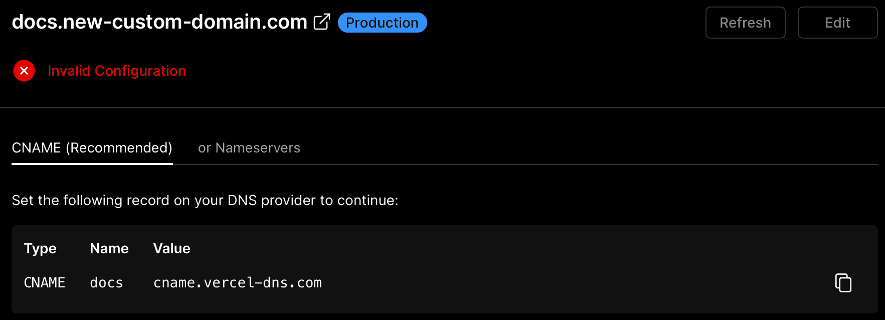 Instructions on configuring a subdomain from the Project Domains page.