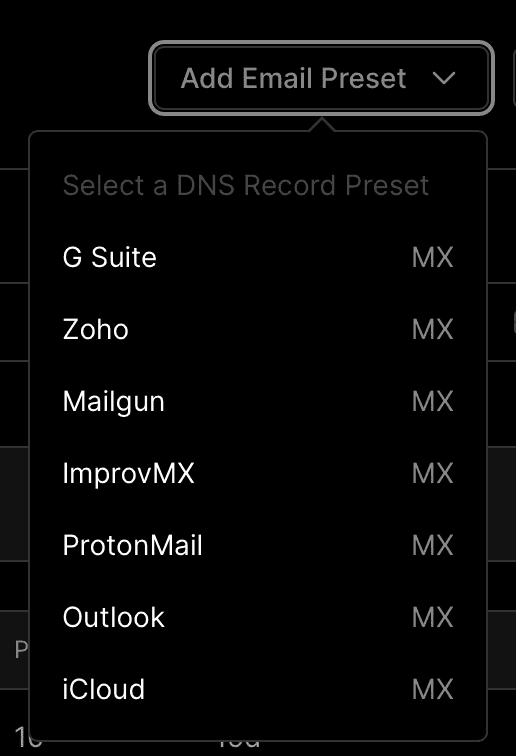 Adding a DNS Email Preset by clicking the Add Email Preset button.