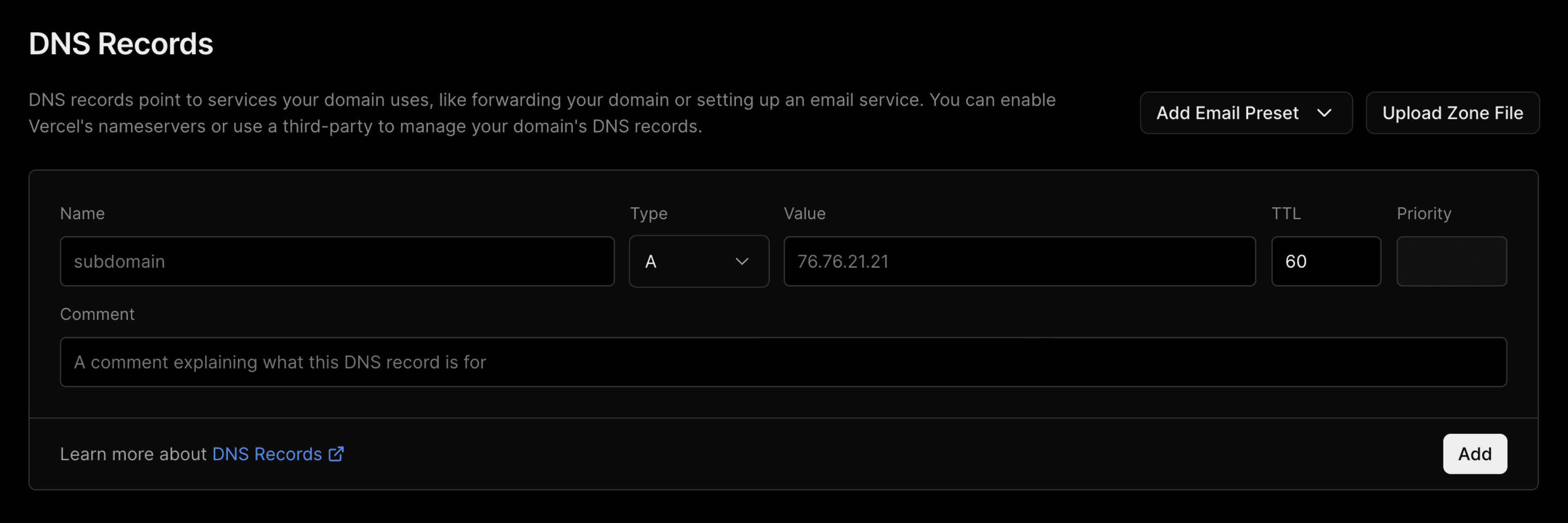 DNS Records form to add a new DNS Record.