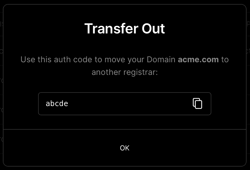 Modal for domain's transfer authorization code.