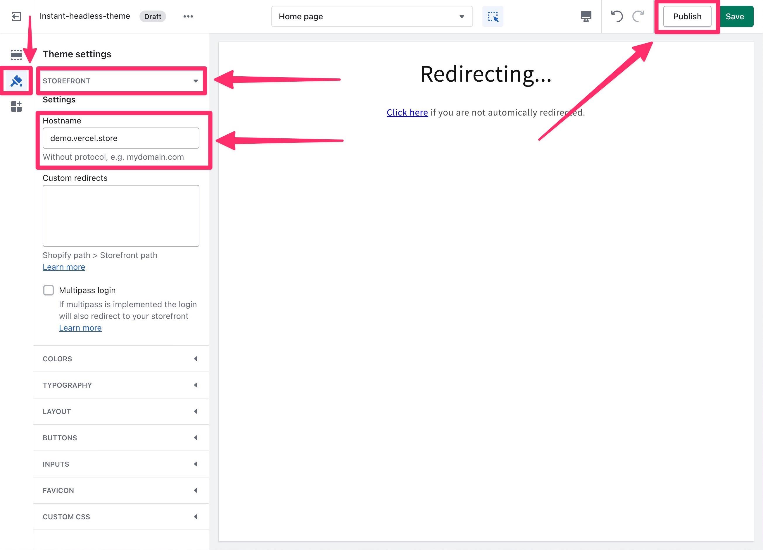 Set the headless domain in theme settings