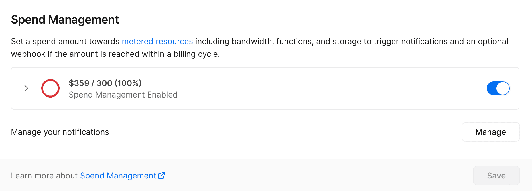 Spend Management section with toggle enabled.