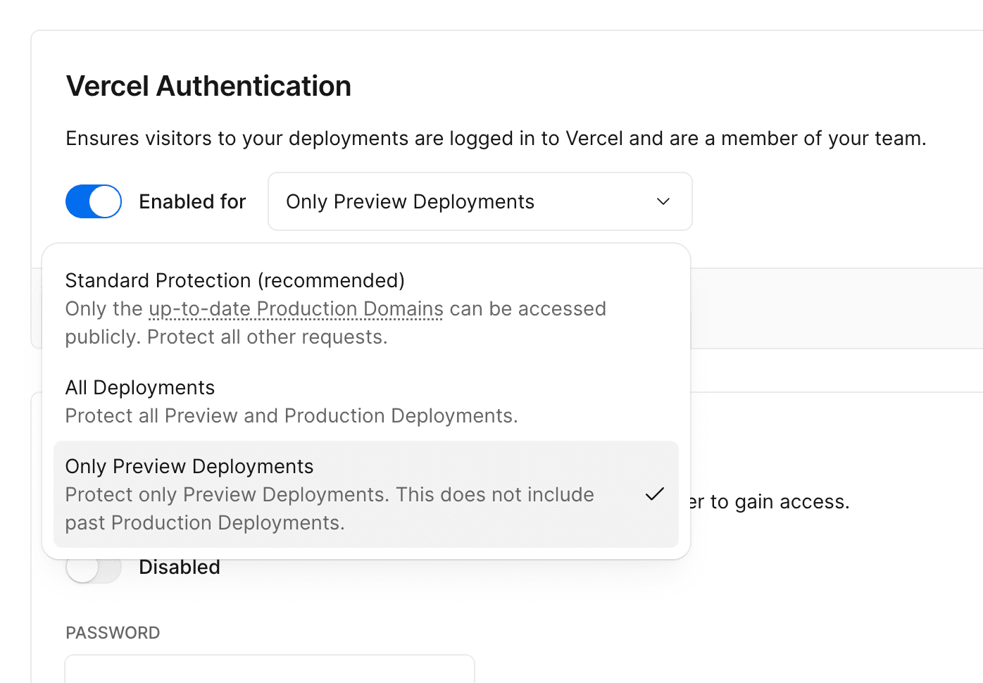 Selecting Only Preview Deployments in the Vercel Dashboard.