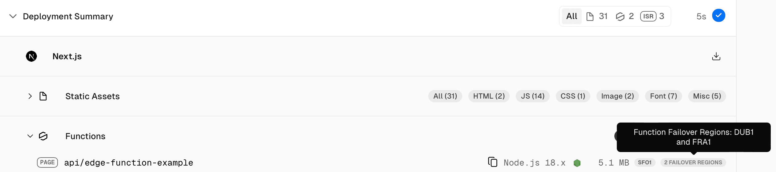 Failover regions for your Serverless Functions shown in the deployment summary.