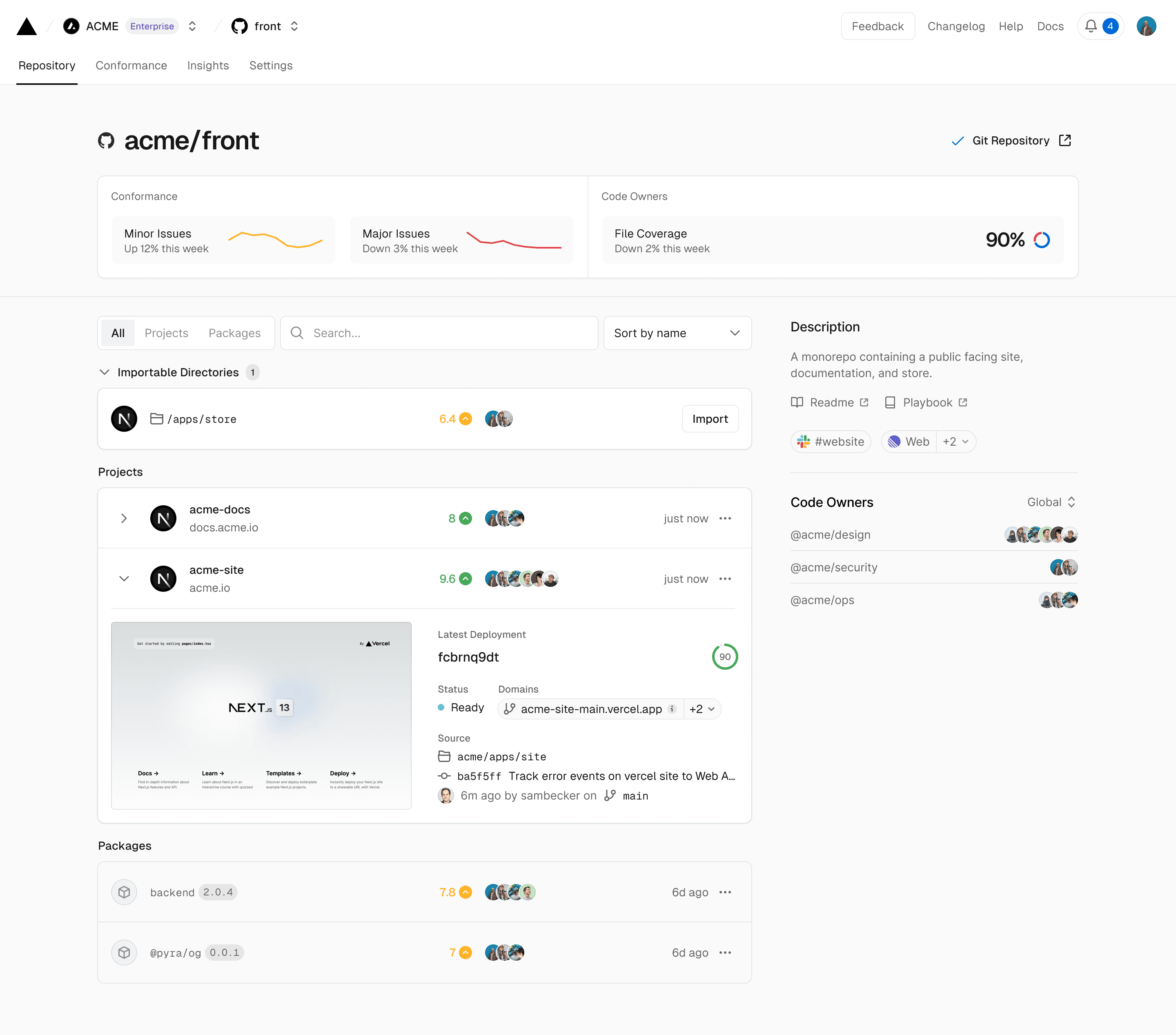 View code information for each project and package in your repository