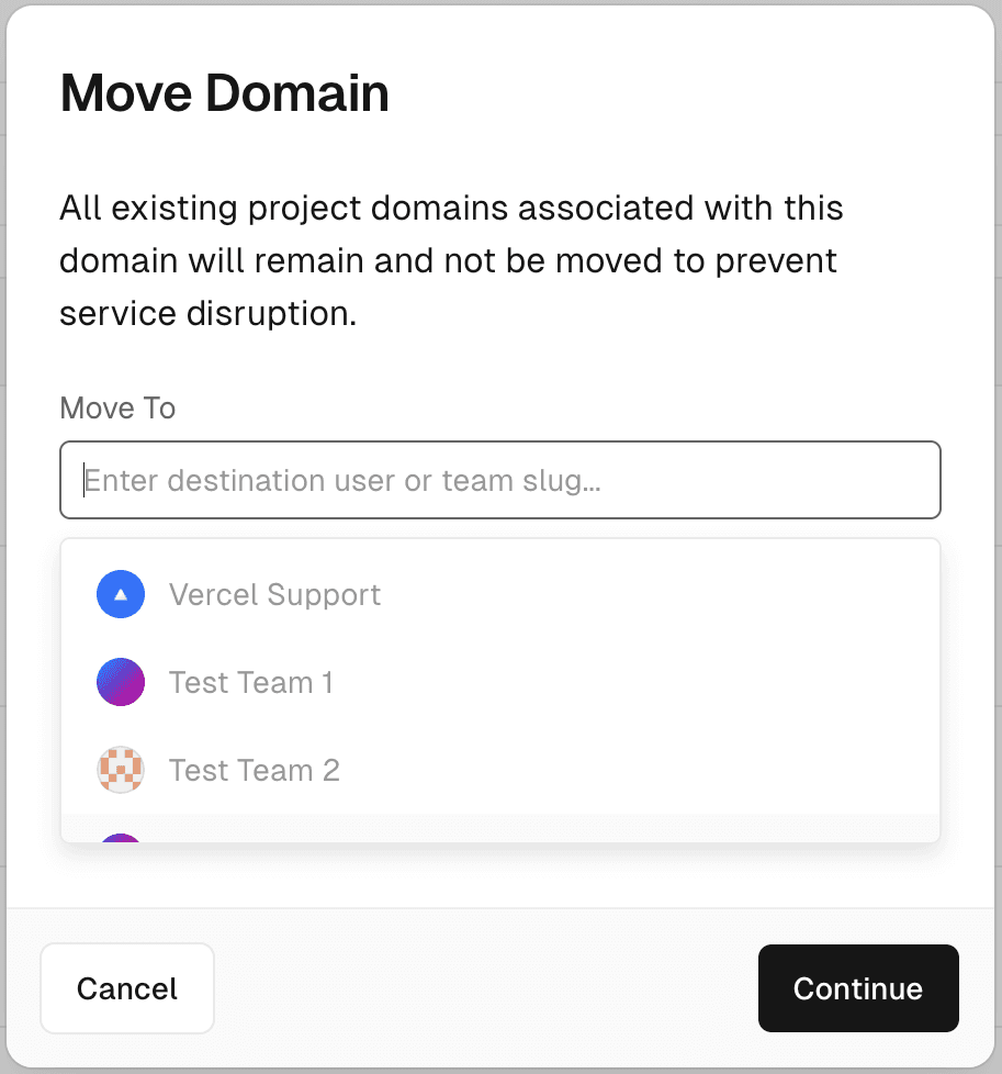 Entering a new profile or team destination for a domain.