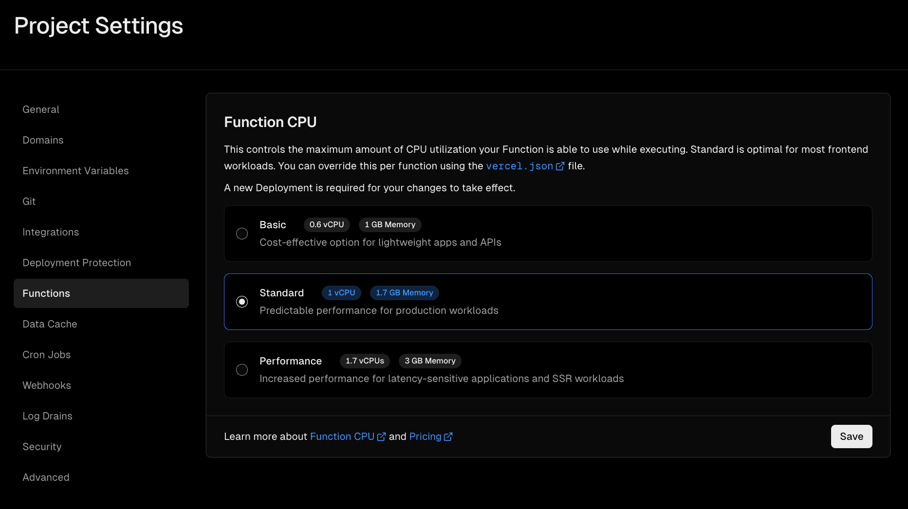 The Function CPU setting in a Vercel project's dashboard