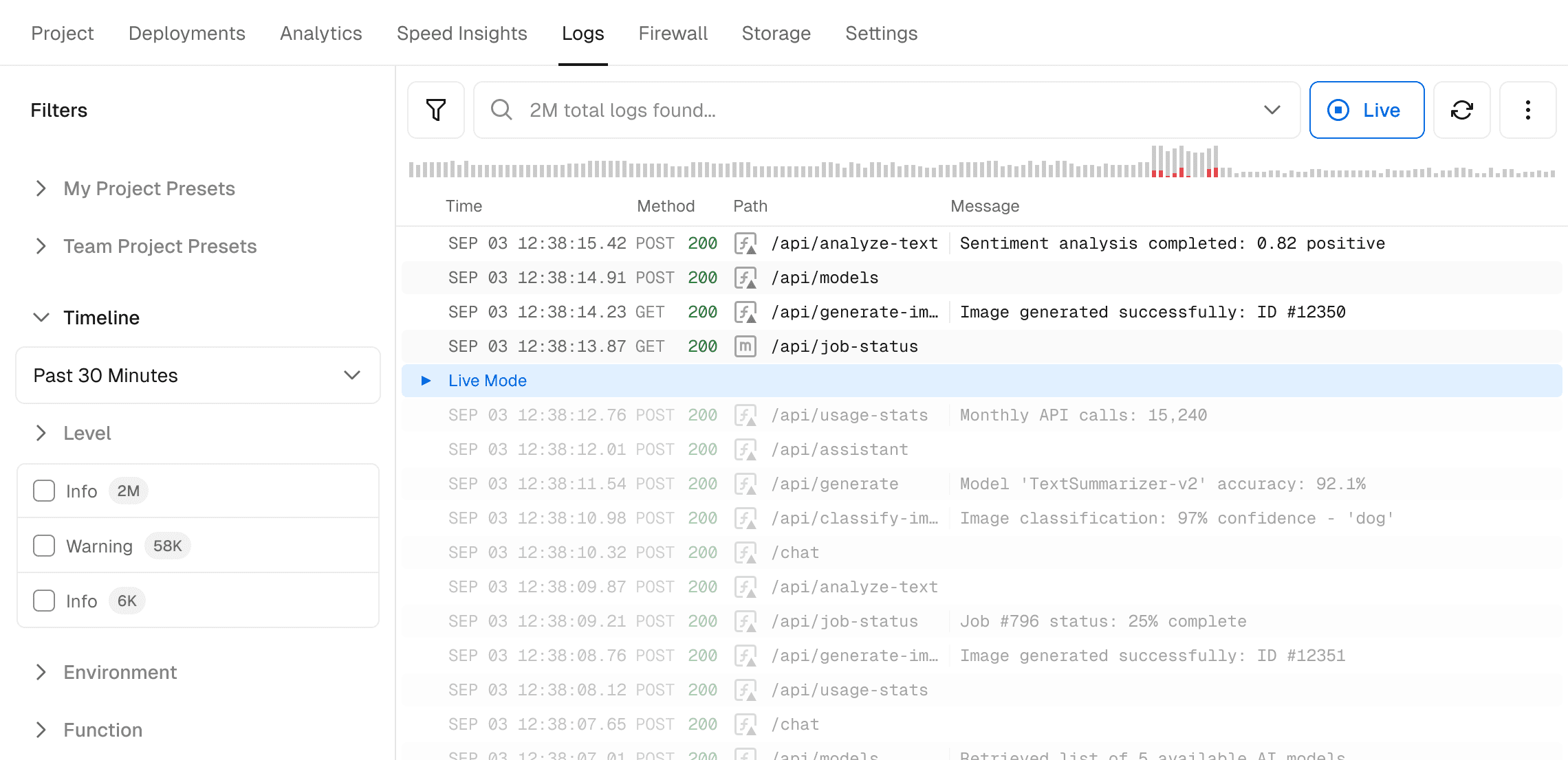 Layout to visualize the runtime logs in live mode.