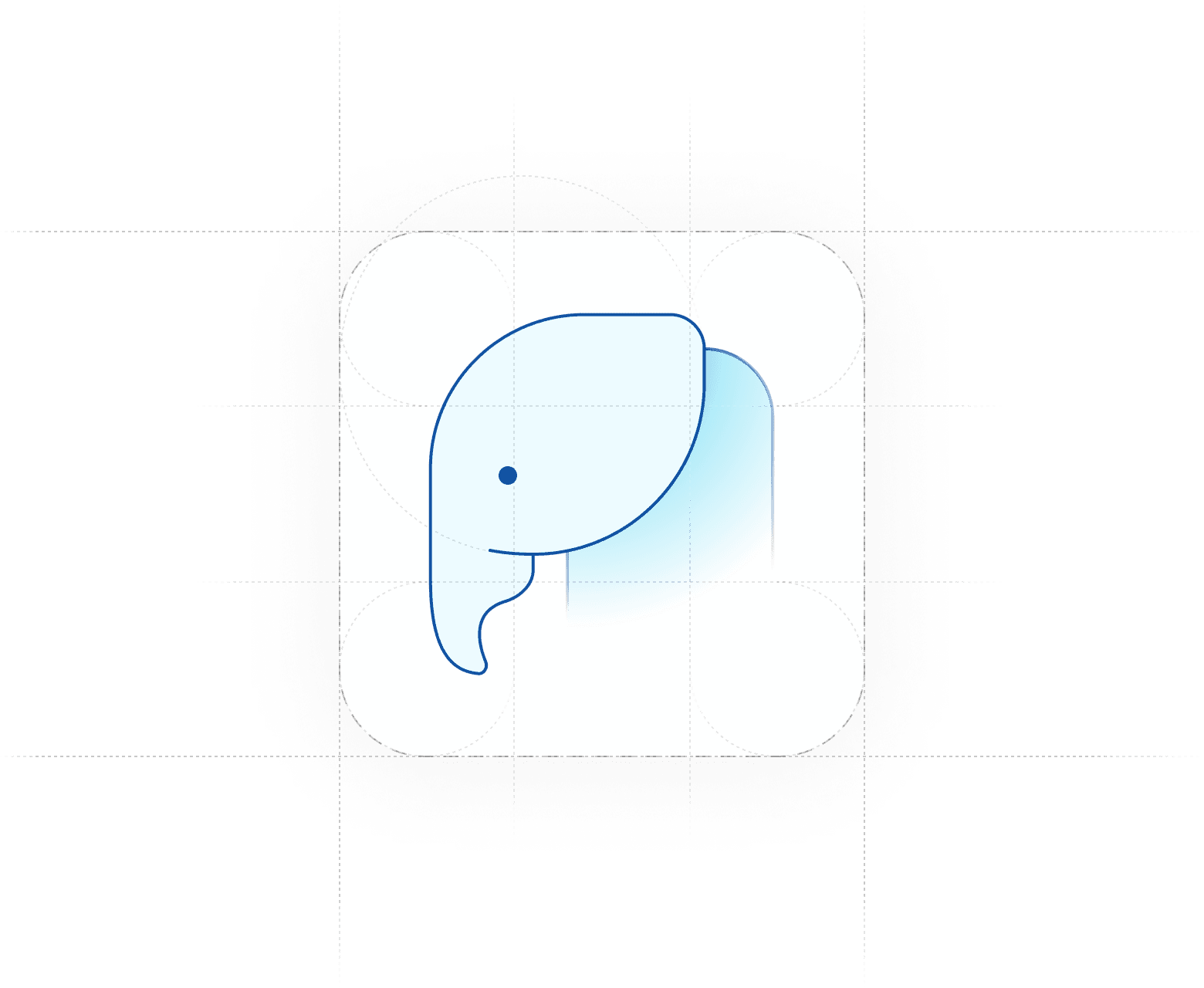 A whimsical illustration of an elephant's head sits inside a square with rounded edges and a dashed border.