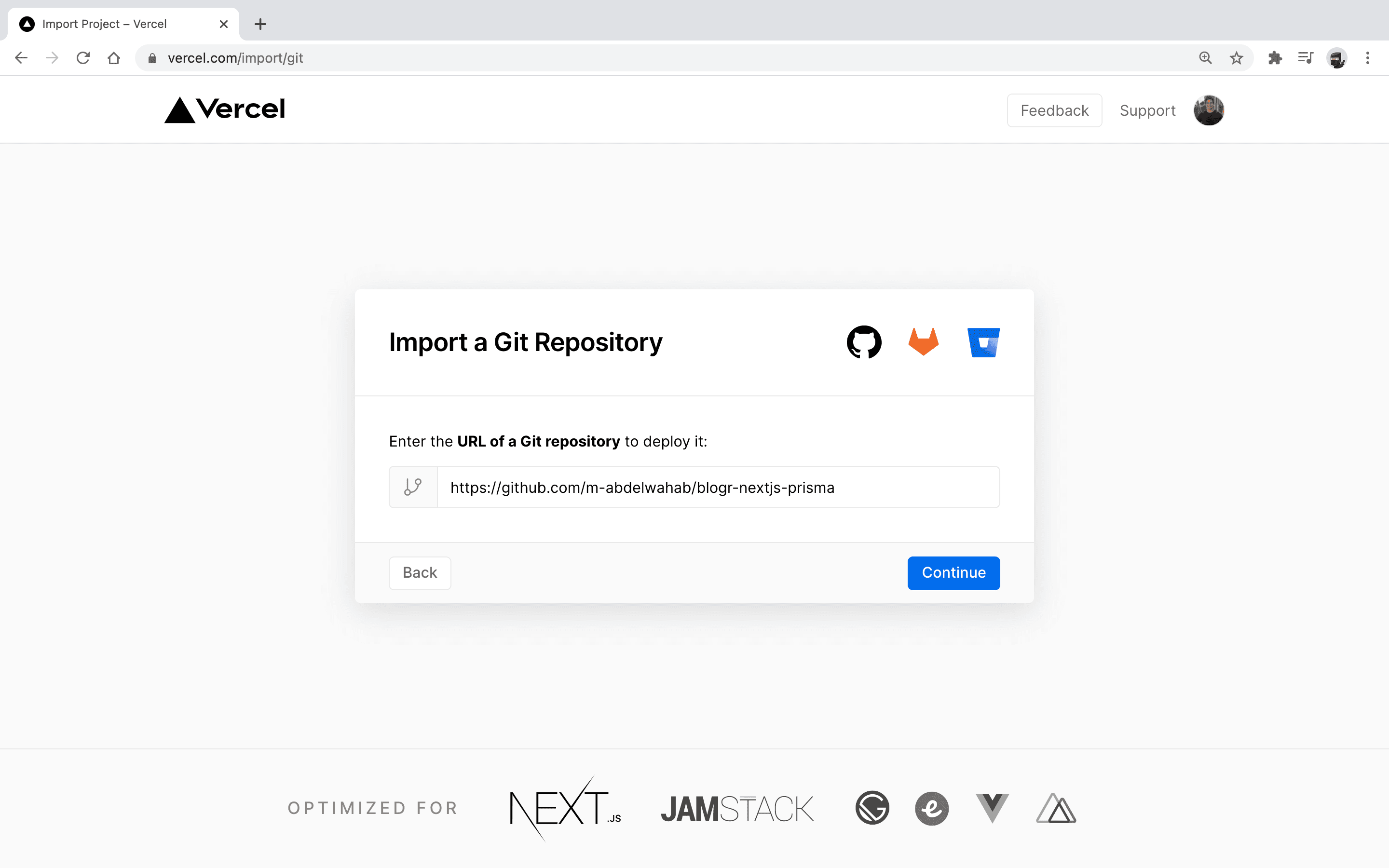 Import a git repository to Vercel.