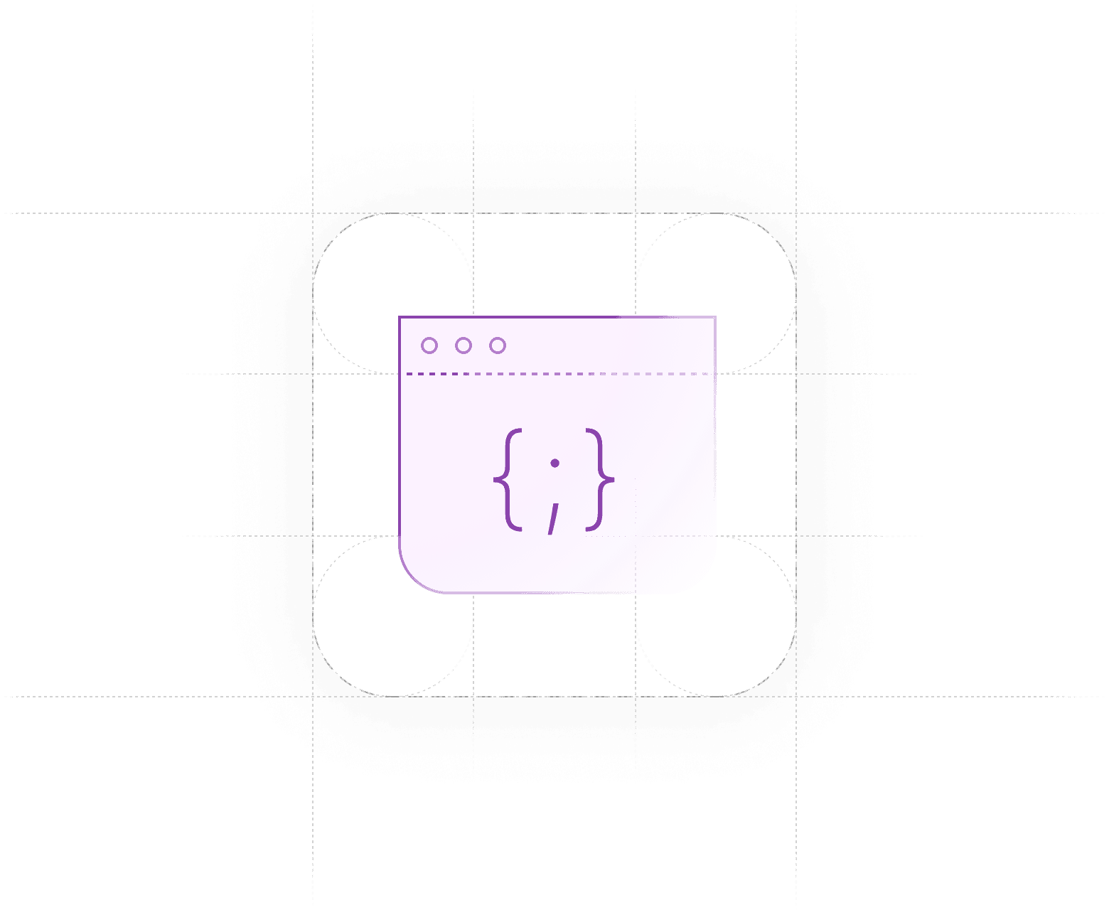 An illustration of a file explorer window with a left curly brace, semicolon, and right curly brace inside. They are surrounded by a square with rounded corners and a dashed outline.