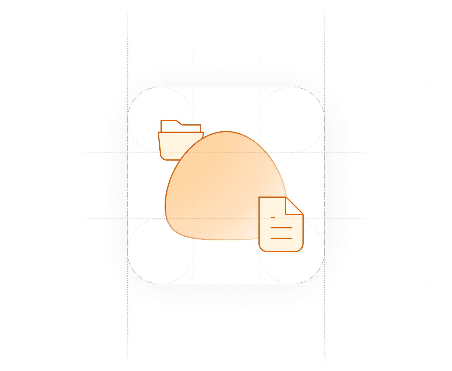 The dotted outline of a square with rounded corners encloses three illustrated items. At the center is a large orange blob, peeking from behind on its left is a folder approximately one third the size of the blob. In front, there is a piece of paper.