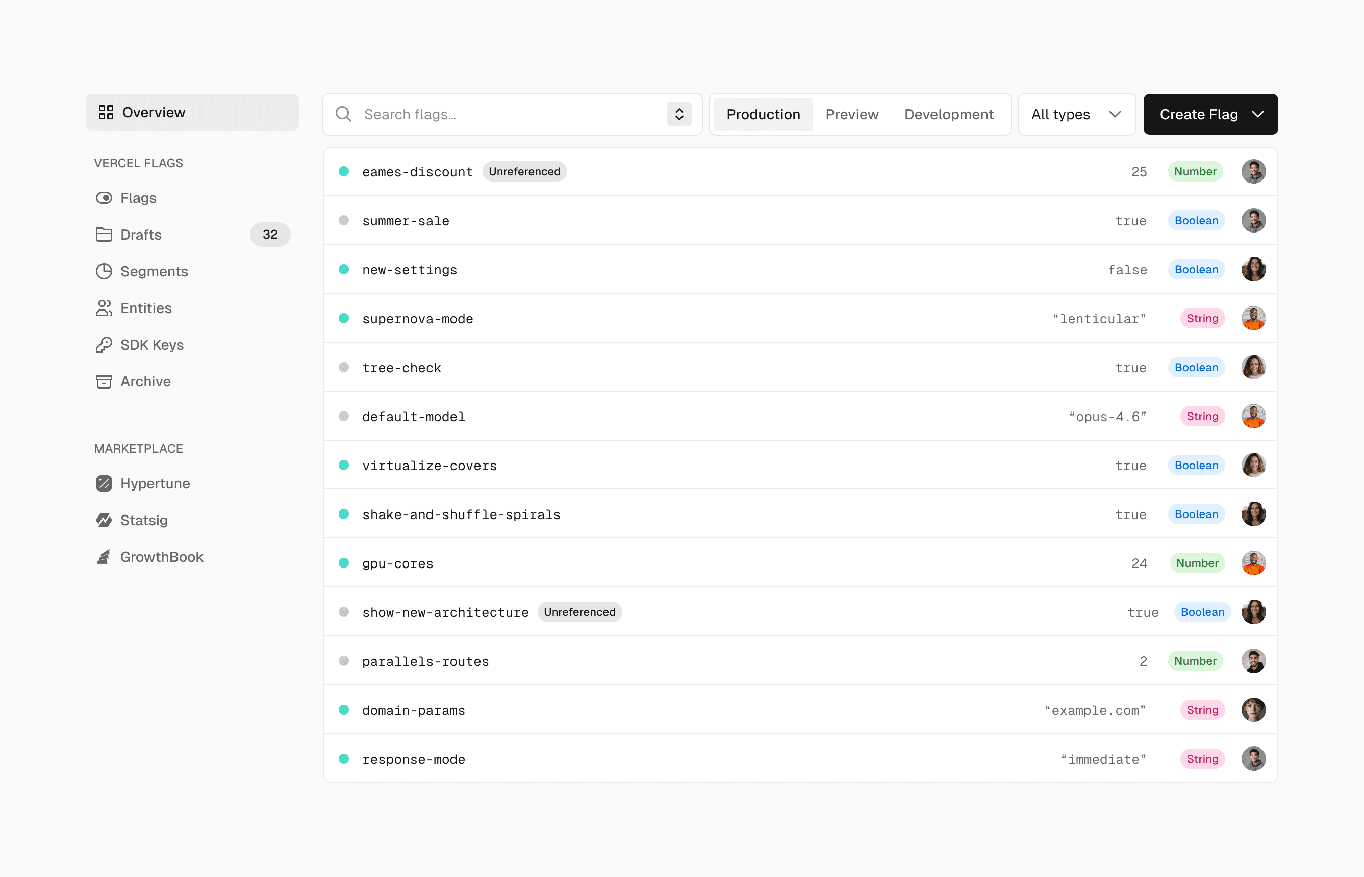 Managing flags in the dashboard.