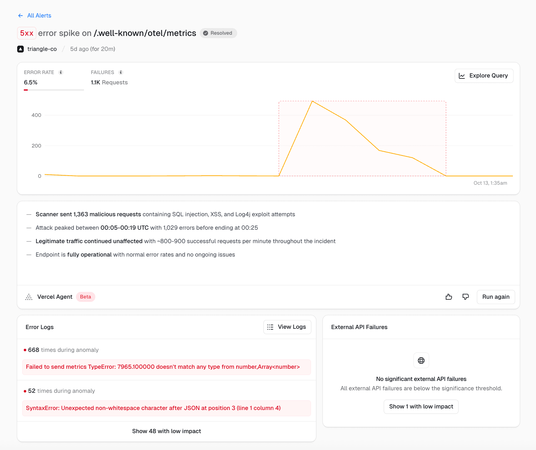 Vercel Agent investigates a spike in anomalous activity and describes the errors that caused it.