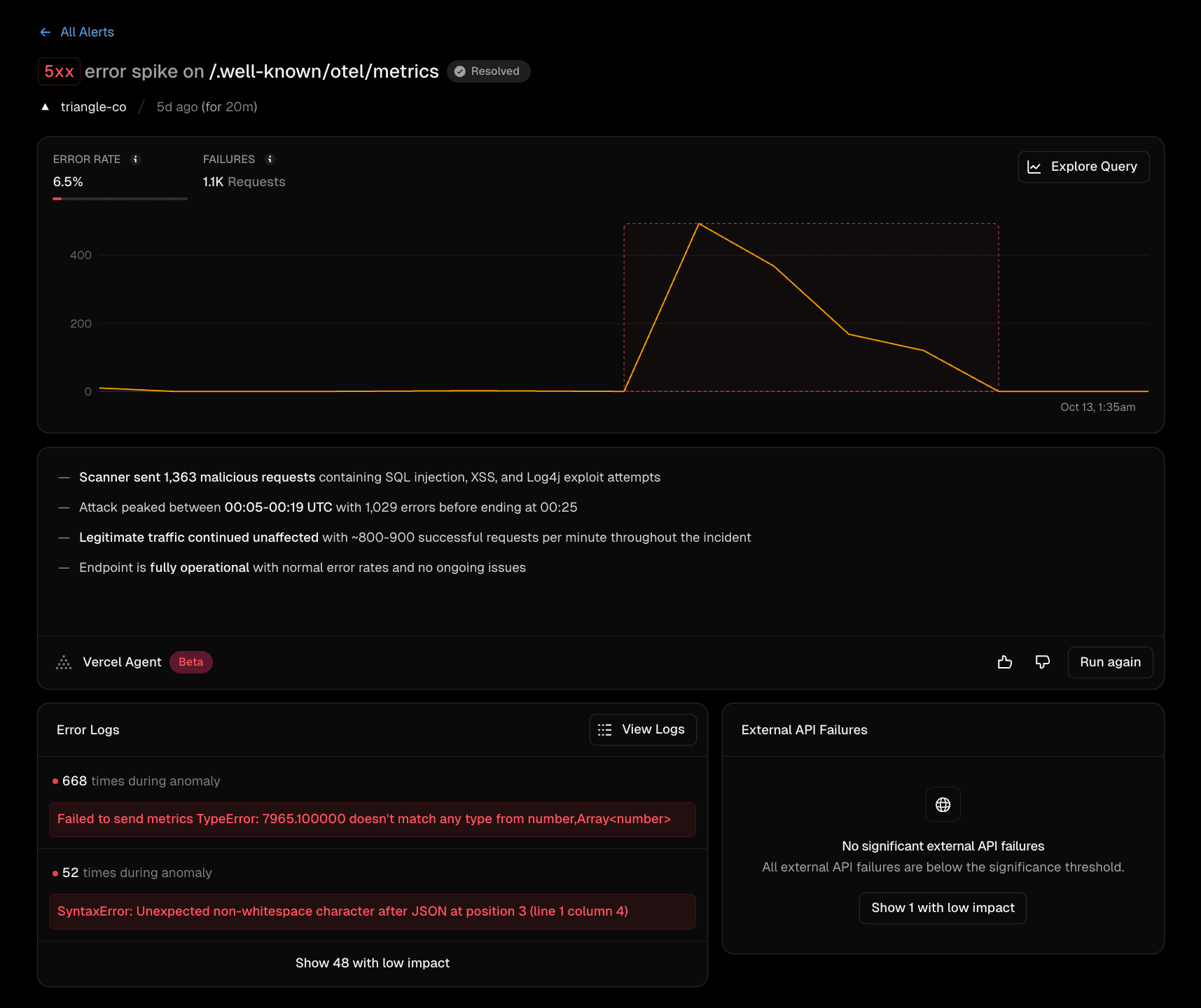 Vercel Agent investigates a spike in anomalous activity and describes the errors that caused it.