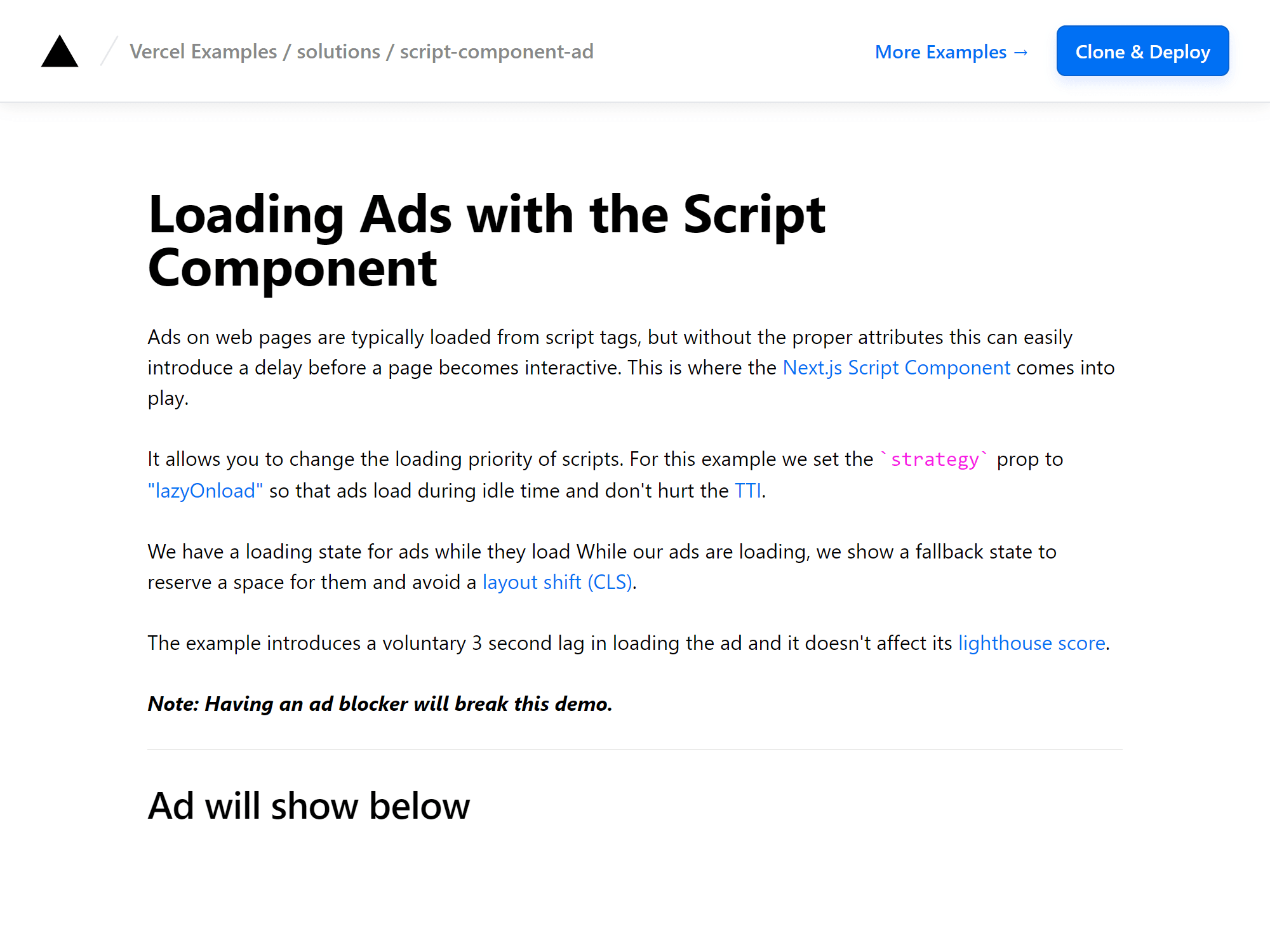 Learn to lazy load ads using the Next.js Script Component.